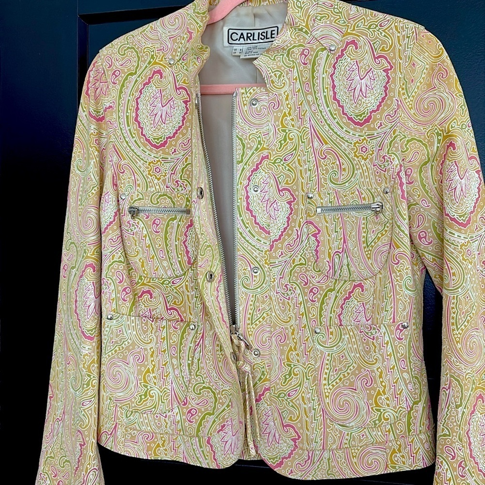 Carlisle Suede Paisley Blazer/Green/Pink/Tan/White. Snaps/Zippers. Size 6